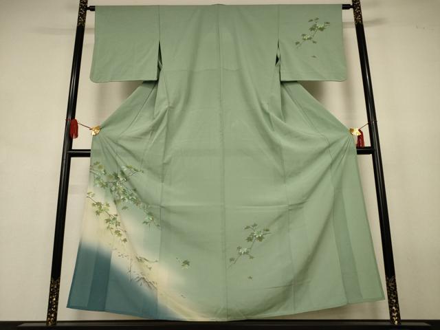 長閑やかさ屋お召しもの＊夏物 短い訪問着 絽縮緬 枝葉文 魚 暈し染め 金彩 正絹 珠玉 AABJ8112jd