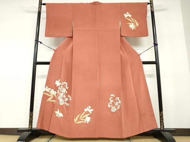 平和屋着物●訪問着 草花文 金彩 鬼しぼ縮緬 正絹 逸品 DABD9451ud