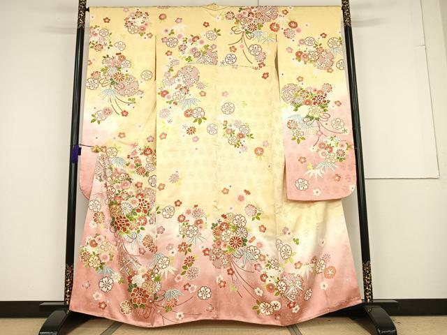 平和屋着物○豪華振袖 駒刺繍 雪輪草花文 暈し染め 金彩 銀