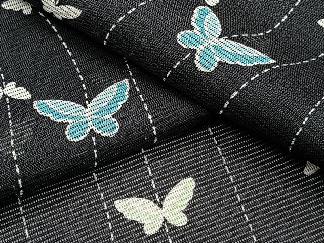 長閑やかさ屋御召しもの＊夏物 小紋 絽 舞蝶文 黒地 洗える御召しもの CABI3776xi