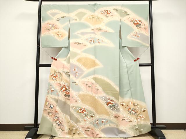 長閑やかさ屋中央局●御前上等 築き上げる460年・千總 短い訪問着 駒刺しゅう 枝花文 暈し染め 金彩 柳薄墨色地 珠玉 CYAA4867s6