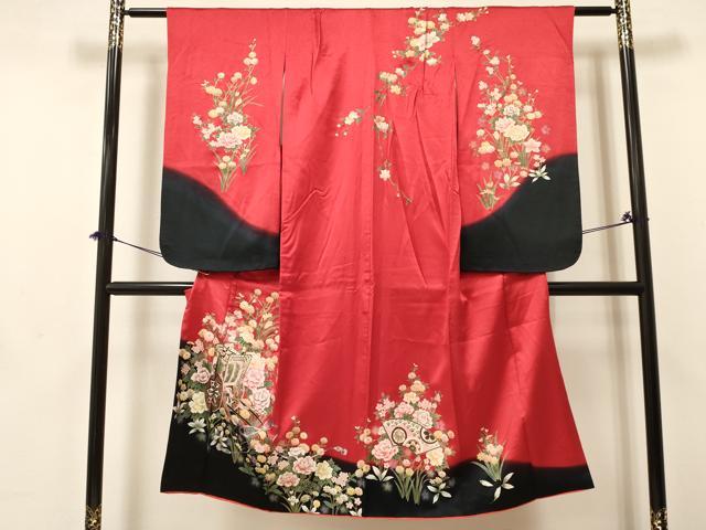 平和屋着物[]七五三　女の子　７歳　祝着　四つ身　御所車地紙花文　暈し染め　金銀彩　逸品　DABA3671ma｜平和屋