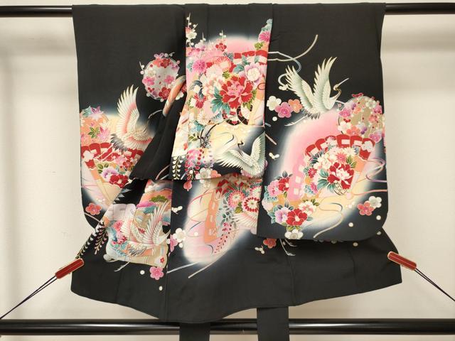 長閑やかさ屋御召しもの[]七五三 うしろ帯 ３歳 祝着 参身 駒刺しゅう 檜扇飛鶴割れ易い文 黒地 暈し染め 金彩 珠玉 DABA3698ma