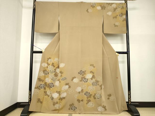 長閑やかさ屋御召しもの●短い訪問着 絵描き物 刺しゅう ローズ 金糸 金彩 正絹 珠玉 AABI5289ck