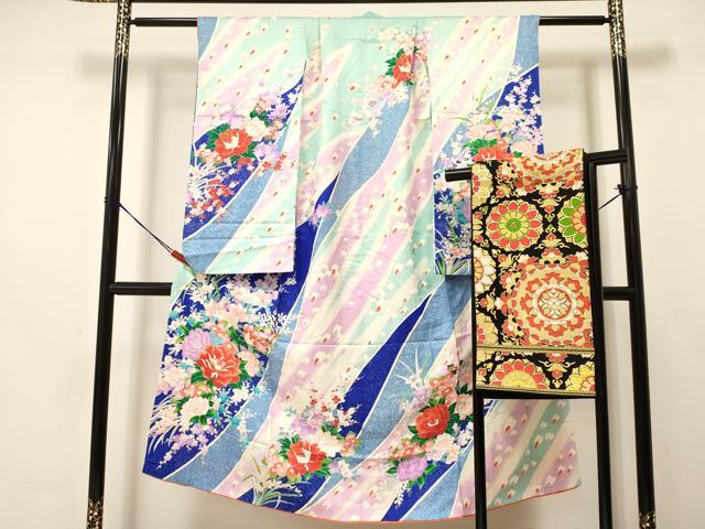長閑やかさ屋御召しもの[]七五三 うしろ帯 ７歳 祝着 四つ身 袋帯仕掛ける 駒刺しゅう 名取り草花文 暈し染め 金彩 珠玉 DAAS9475ma