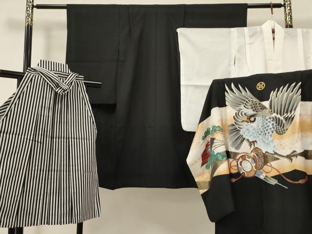 長閑やかさ屋御召しもの[]七五三 御坊っちゃん 祝着・羽織・長襦(単衣)・行灯袴仕掛ける 鷹 鷲 鼓松文 金彩 洗える御召しもの DAAS9037ma