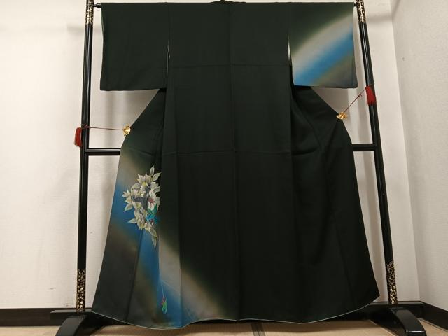 平和屋着物●訪問着 手描き 草花文 暈し染め 黒地 正絹 逸品 AABH8396ph