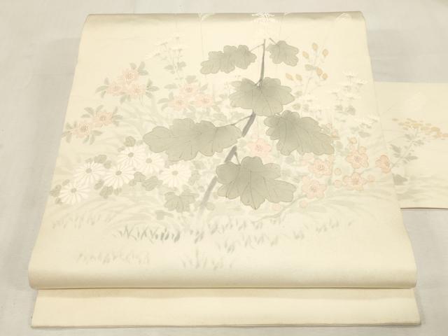 平和屋着物●塩瀬　九寸名古屋帯　手描き　草花文　正絹　逸品　CABF6360dy｜平和屋