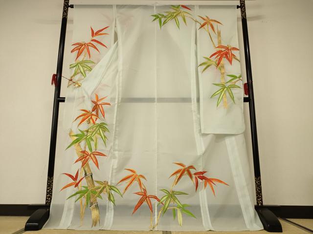 長閑やかさ屋御召しもの＊夏物 振袖 絽 刺しゅう 笹竹文 金糸 洗える御召しもの AABF1605jd
