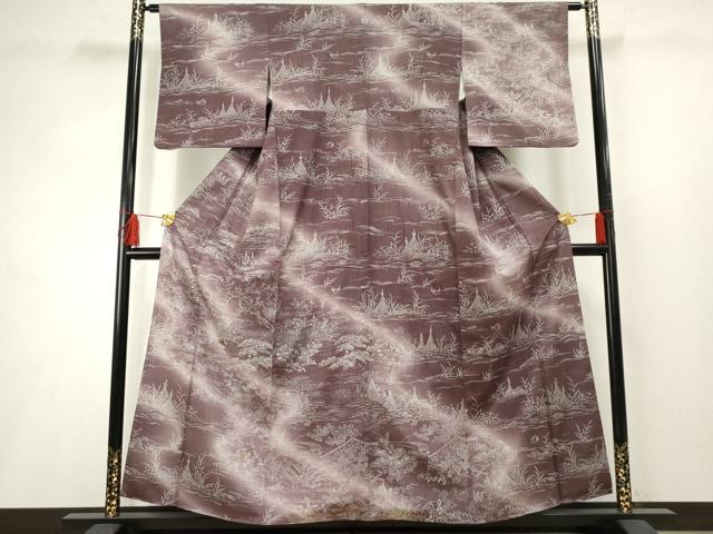 平和屋着物●訪問着　紬地　刺繍　流水花鳥松文　正絹　逸品　AABF2977cs｜平和屋