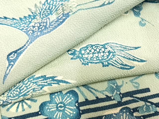 平和屋着物●上質な小紋　本藍　型染め　花鳥文　鬼しぼ縮緬　正絹　逸品　AABH4906fy｜平和屋