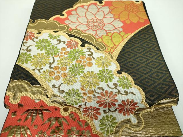 長閑やかさ屋御召しもの●西陣 川島織物 六通柄 本袋帯 雪芝花文 黒地 金糸 正絹 珠玉 DABB4217ps