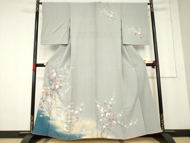 長閑やかさ屋御召しもの●短い訪問着 友禅 水流鴛鴦花文 暈し染め 金彩 正絹 珠玉 AABF0890ck