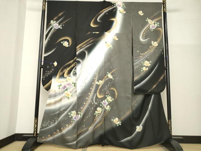 長閑やかさ屋御召しもの●晴れ晴れしい振袖 水流花文 暈し染め 黒地 現ナマ彩 正絹 珠玉 AABG3716ck