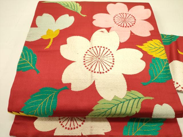 平和屋着物●アンティーク　大正ロマン　九寸名古屋帯　唐織　舞桜　正絹　逸品　DABB7249op｜平和屋 15,600円