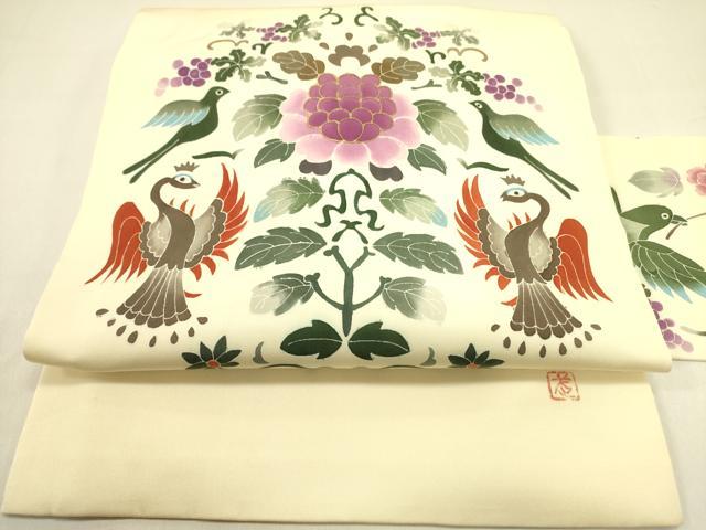 長閑やかさ屋お召しもの●塩瀬 九寸名古屋帯 文筆家物 花鳥文 金彩 正絹 珠玉 DABB7256op