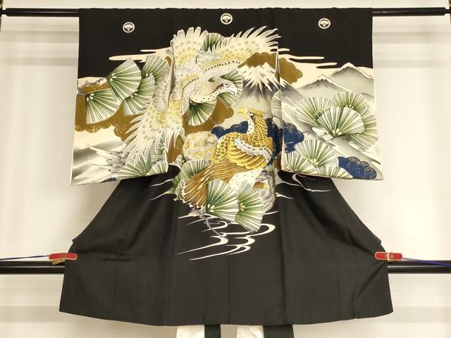 平和屋着物[]お宮参り　男の子　祝着　産着　初着　のしめ　刺繍　鷹　風景松文　金銀糸　金彩　正絹　逸品　AABG3208ja｜平和屋