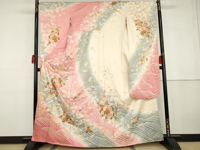 平和屋着物●豪華振袖　飛鶴扇面枝花文　暈し染め　金彩　正絹　逸品　AABG9881cs｜平和屋
