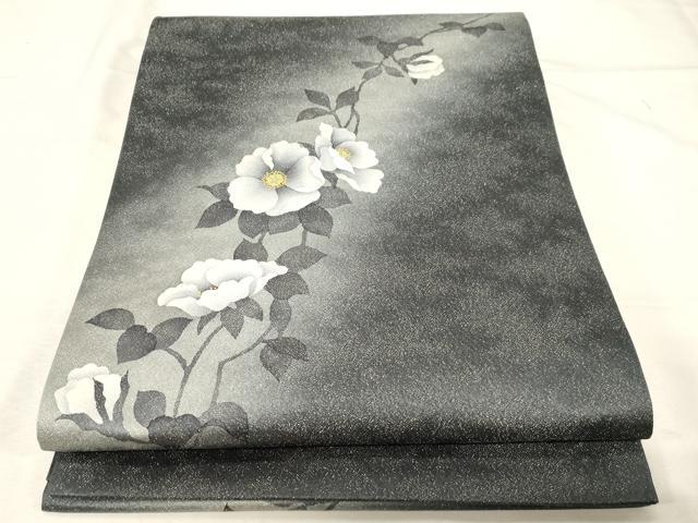 長閑やかさ屋お召しもの●京都の名家ブランド名 銀花仙 膜鳴楽器柄袋帯 顕花植物文 銀通し地 正絹 珠玉 未当て嵌める CABC4654dy