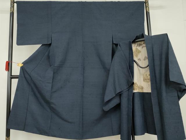 長閑やかさ屋御召しもの●成人男性 紬 合奏団 色無地 留紺色 正絹 珠玉 AABG9885cs