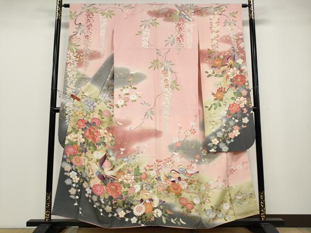 長閑やかさ屋御召しもの●晴れ晴れしい振袖 駒刺しゅう 花鳥文 暈し染め 金彩 正絹 珠玉 CABB6392ut
