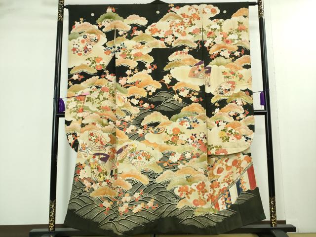 平和屋着物●極上　アンティーク　大正ロマン　振袖　駒刺繍　扇面吉祥花文　黒地　金彩　逸品　DZAB2482kh6｜平和屋