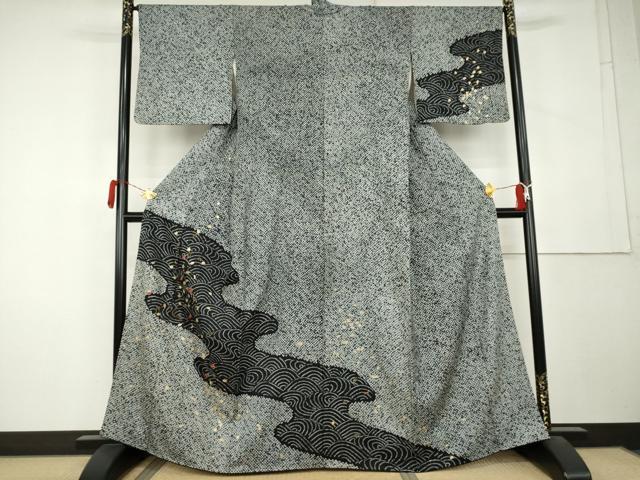 平和屋着物●訪問着　総絞り　刺繍　流水舞葉文　黒地　金糸　金彩　正絹　逸品　AABL1112cs｜平和屋