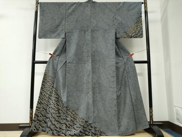 平和屋着物●訪問着 裏菊文 黒地 金彩 洗える着物 CABE2787yc