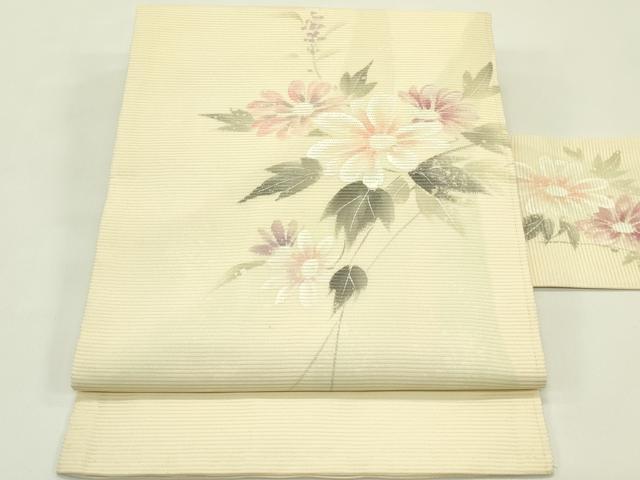 平和屋着物＊夏物 九寸名古屋帯 手描き 草花文 銀糸 正絹 逸品 CABI5214rv｜平和屋