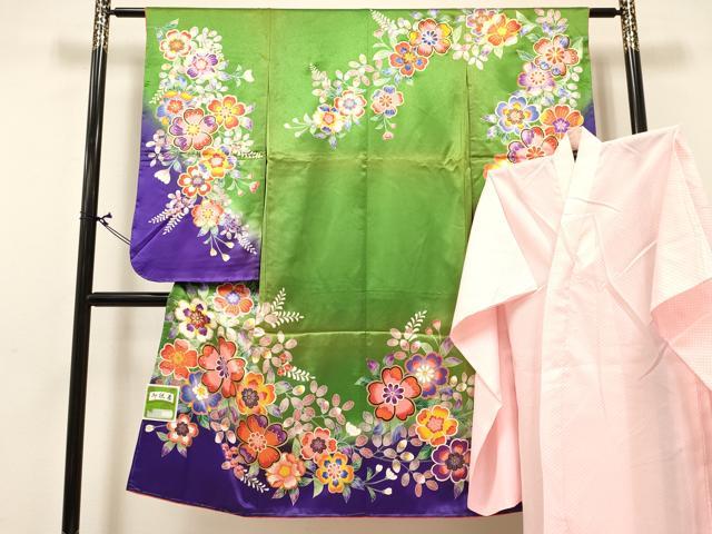 長閑やかさ屋御召しもの[]七五三 うしろ帯 ７歳 祝着 四つ身 長襦袢(単衣)仕掛ける 被子植物文 暈し染め 金彩 未当て嵌める DABA3842ma