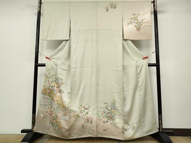 長閑やかさ屋御召しもの●短い訪問着 絵描き物 水流籬被子植物文 暈し染め 金彩 正絹 珠玉 CABB6399ut