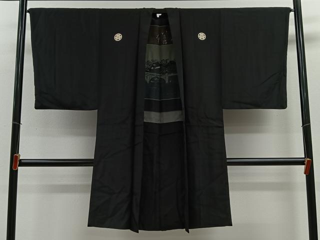 平和屋着物∞男性 長羽織 黒紋付 羽裏:風景文 正絹 逸品 CABE4958ua|平和屋