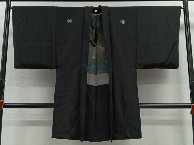 平和屋着物#男性 長羽織 黒紋付 羽裏:人物文 正絹 逸品 CABE4959ua|平和屋
