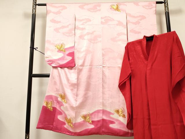 平和屋着物[]七五三　女の子　７歳　祝着　四つ身　長襦袢(袷)セット　駒刺繍　霞舞蝶文　暈し染め　逸品　DABA3811ma｜平和屋