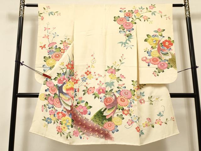 平和屋着物[]七五三　女の子　７歳　祝着　四つ身　友禅　孔雀花文　逸品　DABA3870ma｜平和屋