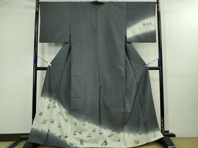 長閑やかさ屋御召しもの●飛び切り 本天目染 藤原美栄子 短い訪問着 白山紬 ふくろうの快い音隊 赤銅色地 金彩 小論文付き添い人 珠玉 DZAB2809kh6