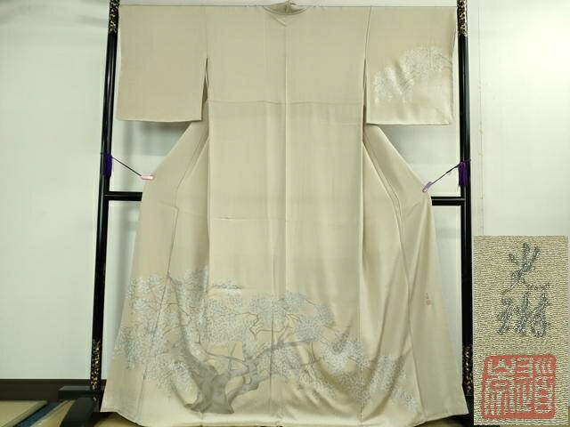 長閑やかさ屋御召しもの●飛び切り 松尾光琳 短い訪問着 淡墨桜 練色地 銀彩 御墨付き付き添い人 珠玉 未当て嵌める DZAB2829kh6