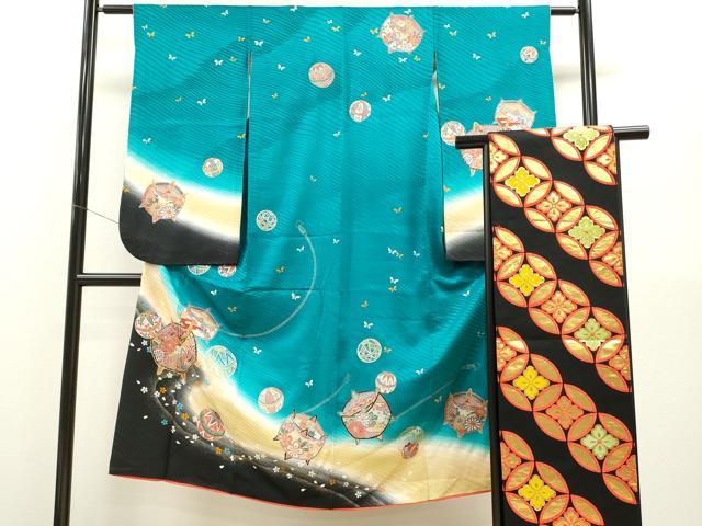 長閑やかさ屋御召しもの[]七五三 うしろ帯 ７歳 祝着 四つ身 袋帯仕掛ける 駒刺しゅう 糸車鞠舞蝶花文 暈し染め 現ナマ彩 珠玉 CAAZ7027ze
