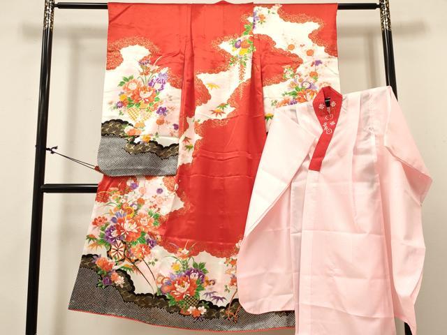 平和屋着物[]七五三　女の子　７歳　祝着　四つ身　長襦袢(無双仕立て・半衿刺繍)セット　花車　金彩　逸品　DABA3814ma｜平和屋
