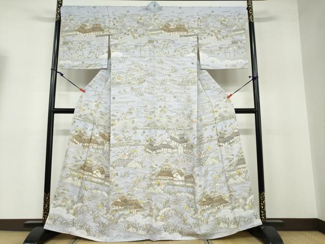長閑やかさ屋御召しもの●中国三大刺しゅう 汕頭刺繍 短い訪問着 駒刺しゅう 水流見晴らし被子植物籬文 金糸 正絹 珠玉 DABB0456ud