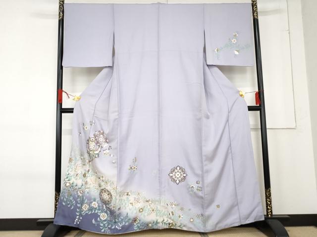 長閑やかさ屋御召しもの●短い訪問着 双鳥更紗花蝶文 暈し染め 正絹 珠玉 AABE8625cs