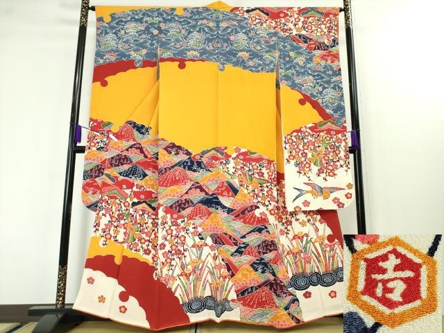 平和屋本店■極上　和染紅型　栗山紅型　栗山吉三郎　振袖　重ね山花鳥文　鬼しぼ縮緬　逸品　未使用　DZAA3860kh5｜平和屋