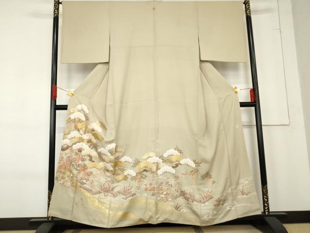 長閑やかさ屋御召しもの●晴れ晴れしい色留袖 絵描き物 龍谷 駒刺しゅう 水流花松文 金彩 正絹 珠玉 AABE8644cs