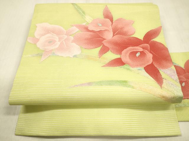 長閑やかさ屋御召しもの＊夏物 九寸名古屋帯 顕花植物文 銀糸 正絹 珠玉 DABC8018糎