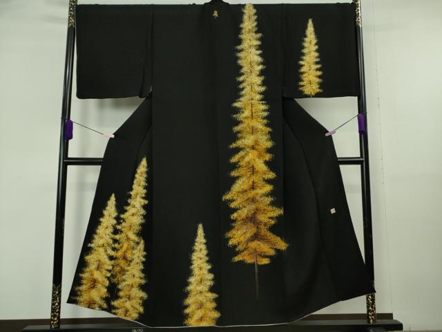 長閑やかさ屋中央局●御前上等 成人男性 短い訪問着 キングサイズ 絵書き物 森林地帯 槭樹 黒地 金彩 鬼しぼクレープ 珠玉 DZAB6823kh6
