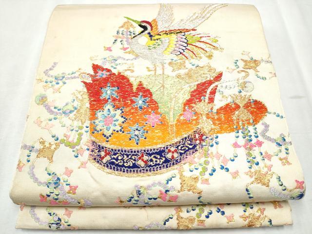 長閑やかさ屋御召しもの●龍村平蔵製 膜鳴楽器柄 本袋帯 生生世世の冠錦 現ナマ糸 正絹 珠玉 CABD0532hy