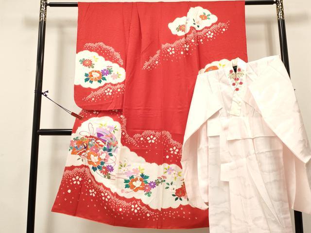 長閑やかさ屋御召しもの[]七五三 うしろ帯 ７歳 祝着 四つ身 肌付き(袷・半衿刺しゅう)仕掛ける 絞り 扇子花文 金彩 珠玉 DABA3816ma