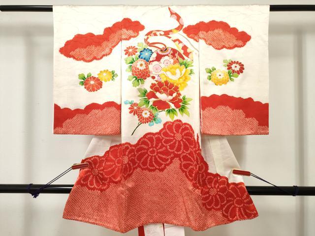 平和屋着物[]お宮参り　女の子　祝着　産着　初着　のしめ　駒刺繍　絞り　鈴花文　金彩　逸品　DABE7254ma｜平和屋
