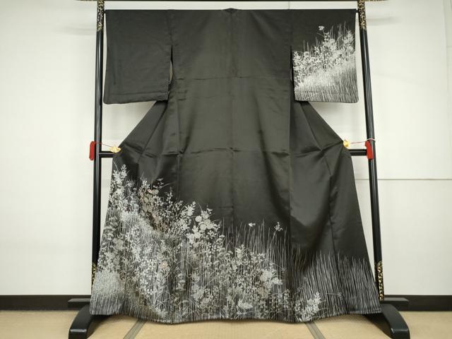 平和屋着物▽訪問着　単衣　刺繍　花蝶文　黒地　銀糸　銀彩　正絹　逸品　AABI8079cs｜平和屋