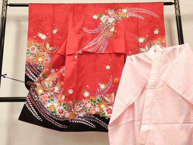 長閑やかさ屋御召しもの[]七五三 うしろ帯 ７歳 祝着 四つ身 長襦袢(単衣)仕掛ける 花蝶文 暈し染め 金彩 珠玉 DABA3820ma